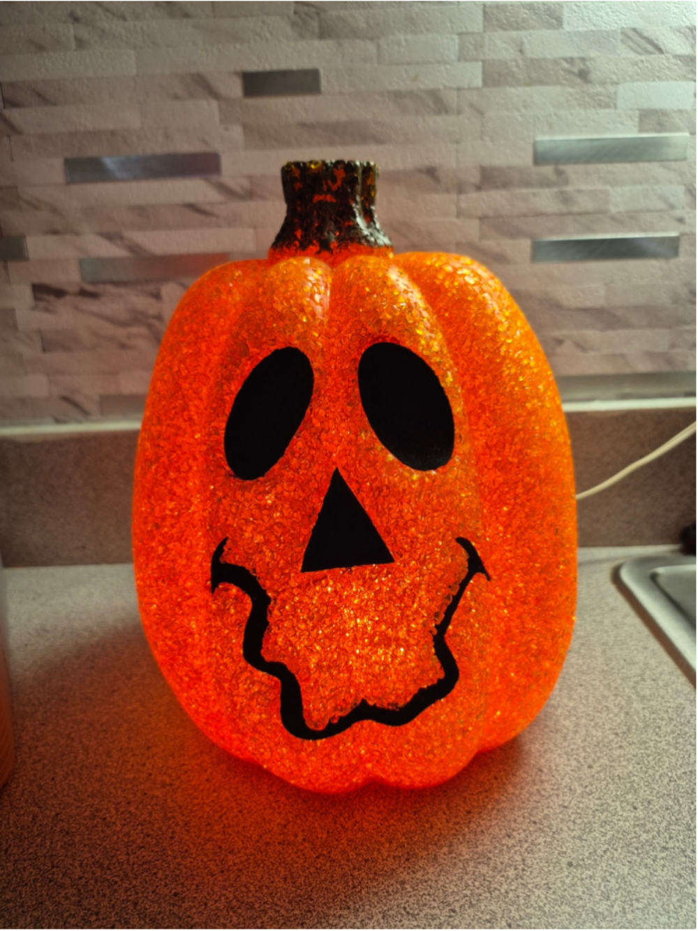 Vtg Lighted melted plastic Jack-O-Lantern Halloween Decor Orange /Black